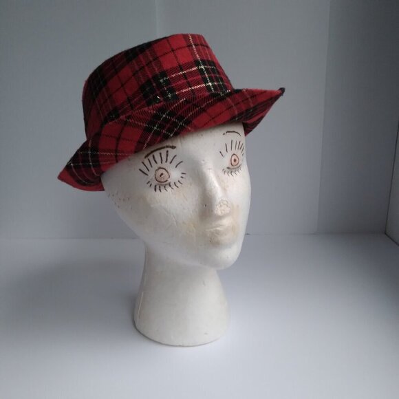Red & Black Woven with Gold Thread Tartan Corduroy Porkpie Hat ~ Super Cute!! - Picture 9 of 9